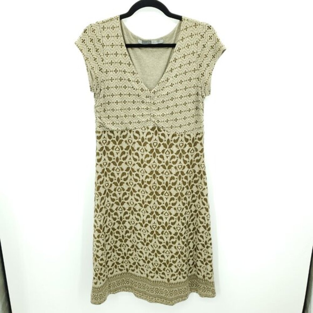 Athleta Dhara Short Sleeve V-Neck Stretchy Empire Waist Dress MT Tan Geo Print